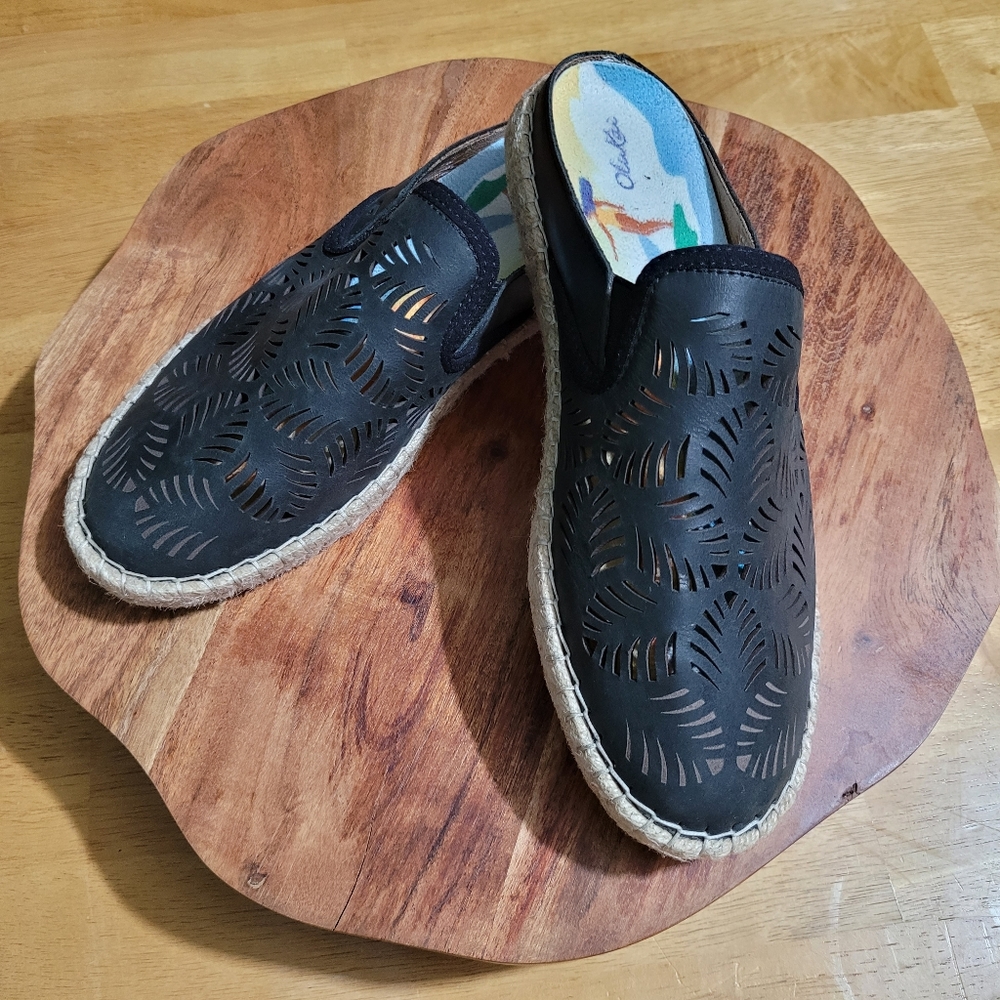 OluKai Black Mules with Leaf Cutouts